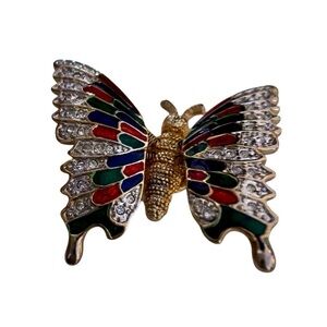 Brooch, Vintage Trembling Butterfly, Gold-Tone, Enameled Wings, Rhinesto…